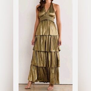 Flying Tomato Gold Halter Maxi Dress for Cocktail Nights or Weddings